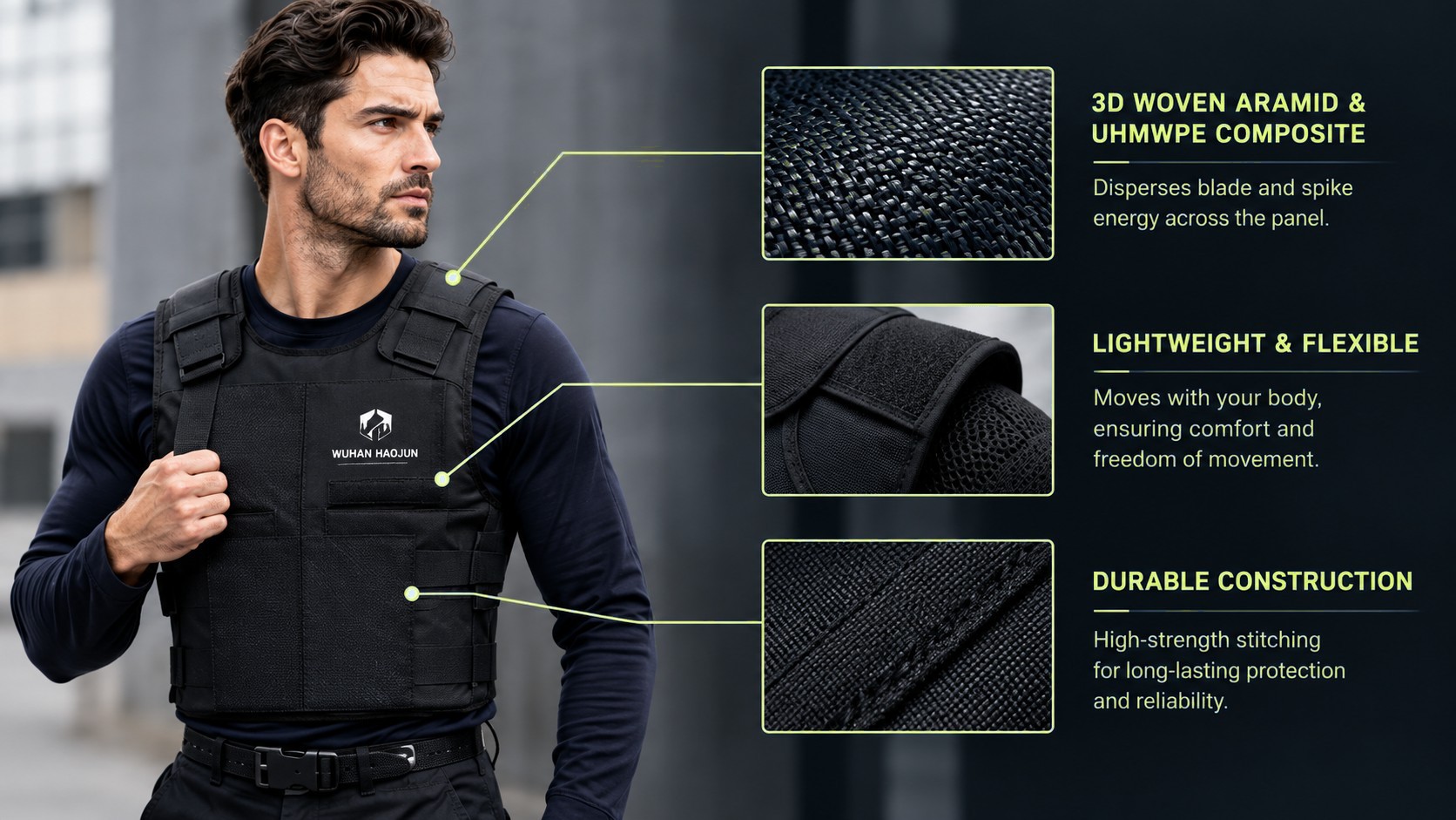 Protective vest with callouts for the 3D woven aramid and UHMWPE composite panel